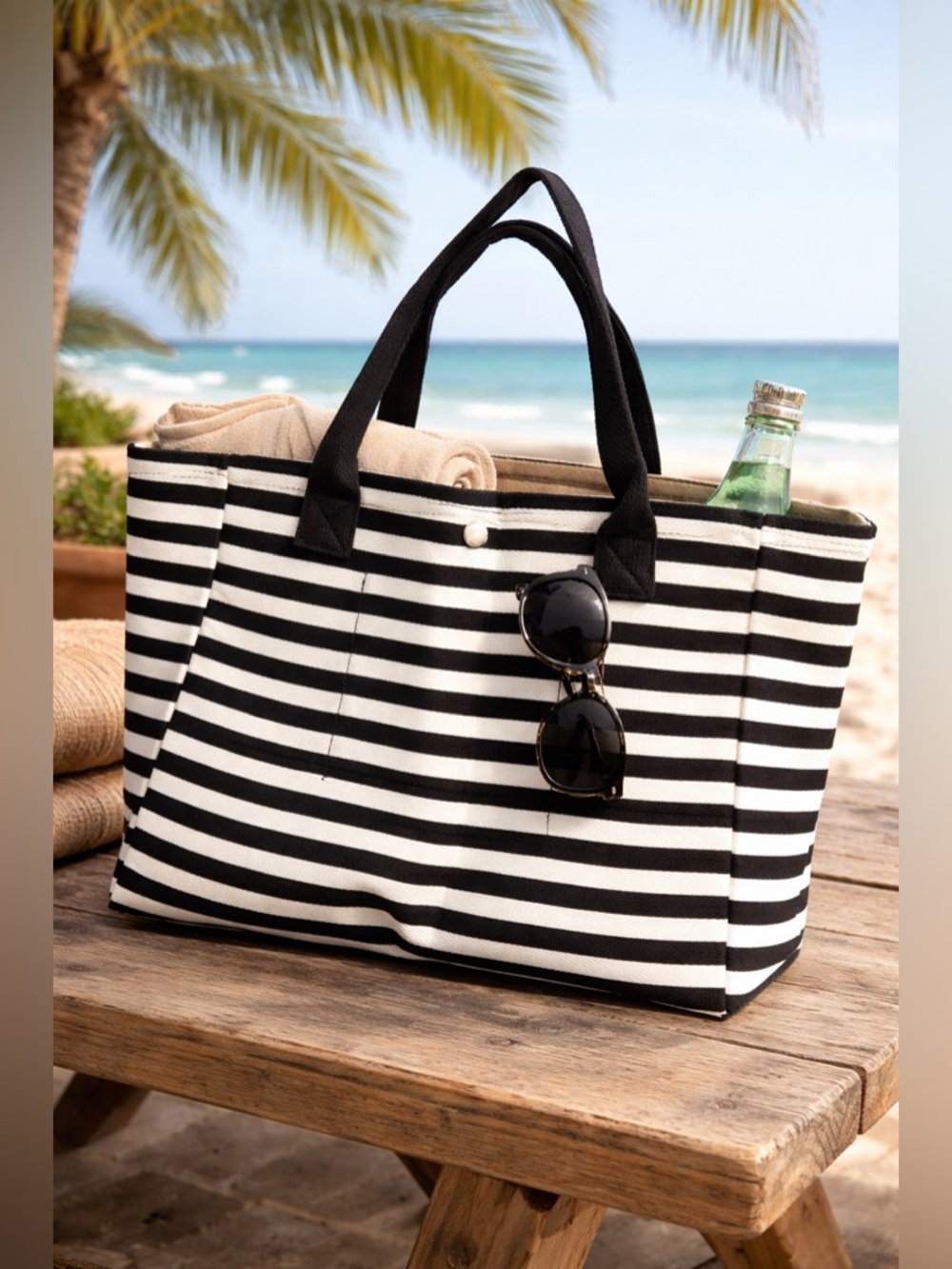 Elegant Black and White Striped Tote Bag Beach